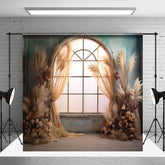 Aperturee - Retro Green Wall Floral Boho Door Photo Backdrop